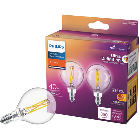 Philips Ultra Definition G16.5 Candelabra LED Decorative Light Bulb; Mfg #573303