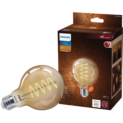 Philips Vintage G25 Amber Spiral Medium LED Decorative Light Bulb; Mfg #565887