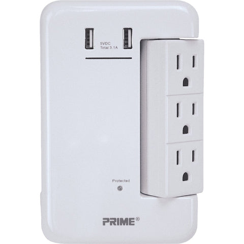 Prime Wire & Cable 6-Outlet Rotating Surge Tap USB Charger; Mfg #PBRUSB346S-A