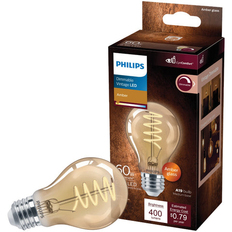 Philips Dimmable Amber Vintage LED A19 Light Bulb; Mfg #565796