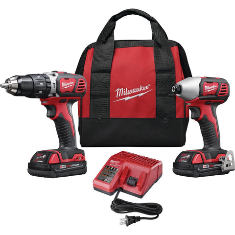 Milwaukee M18 Hammer Drill & Compact Impact driver Cordless Tool Combo Kit; Mfg #2697-22CT