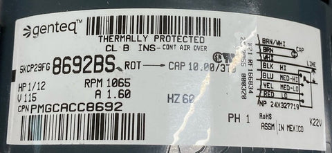 GENTAQ MOTOR 5KCP29FG8692BS FOR WHALEN HEAT PUMP, HP 1/12, RPM1065, PHASE  1, 115 VOLT